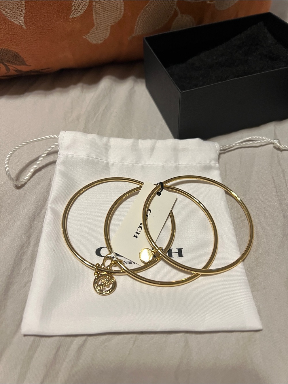 Coach Gold Tone Thin Bangle Bracelet Set with Signature Charm NWT